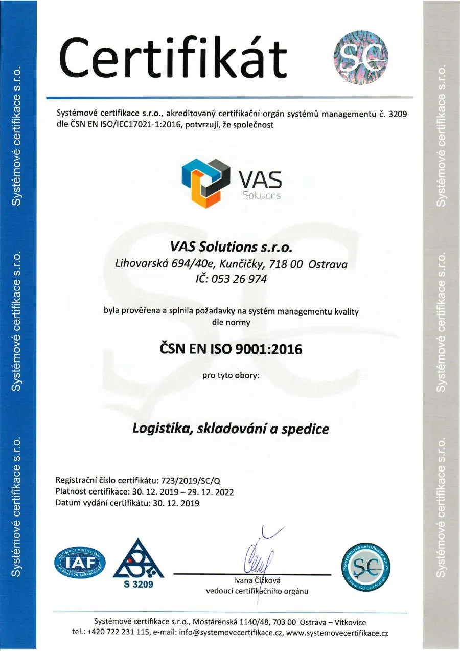 Certifikát ISO 9001 CZ